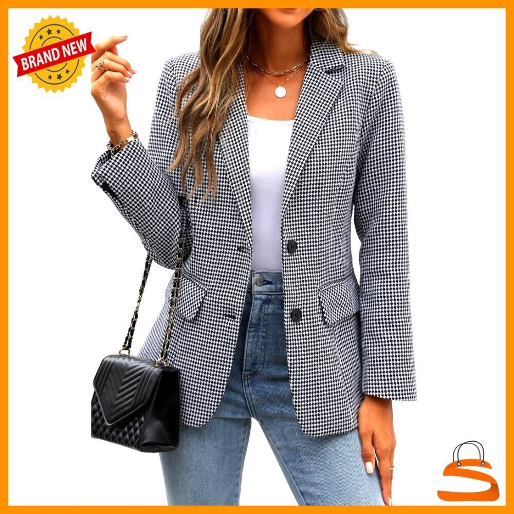 Classic Houndstooth Blazer Tailored Fit Lapel Collar Office Work Wear Polyester